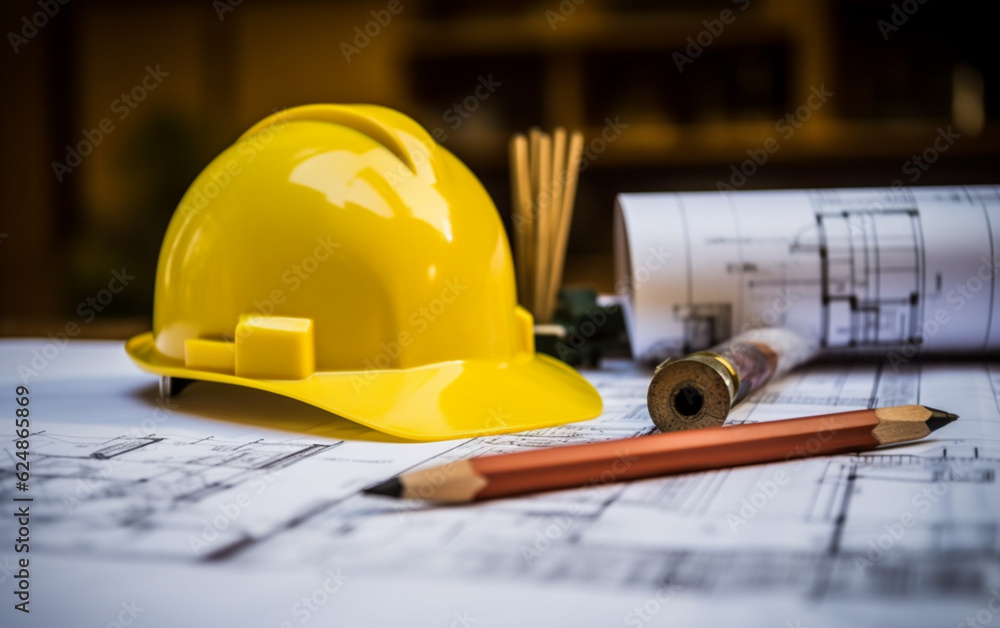 Construction plans with white helmet and drawing tools on bluepr Construction plans with white helmet and drawing tools on bluepr