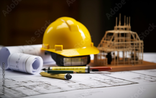 Construction plans with white helmet and drawing tools on bluepr