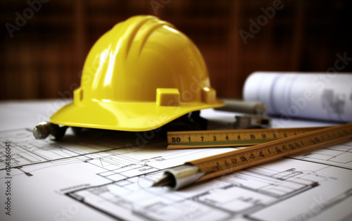 Construction plans with white helmet and drawing tools on bluepr