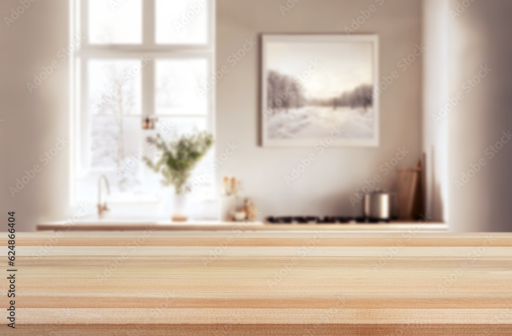 Fototapeta premium Empty beautiful table top and blur modern kitchen