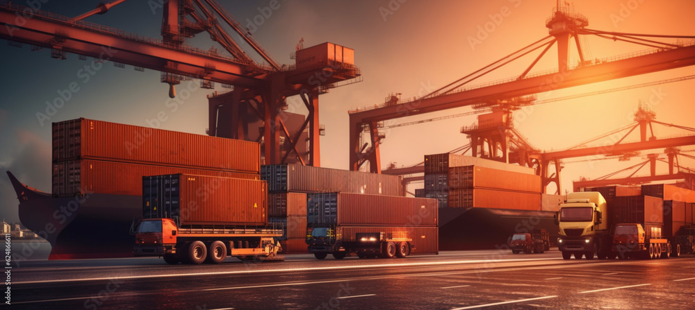 Container truck in ship port for business Logistics and transportation of Container Cargo ship