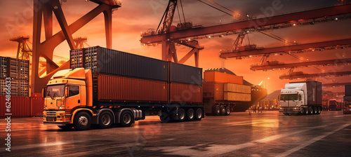 Container truck in ship port for business Logistics and transportation of Container Cargo ship