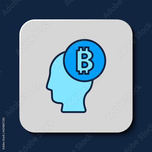 Filled outline Bitcoin think icon isolated on blue background. Cryptocurrency head. Blockchain technology, digital money market, cryptocoin wallet. Vector
