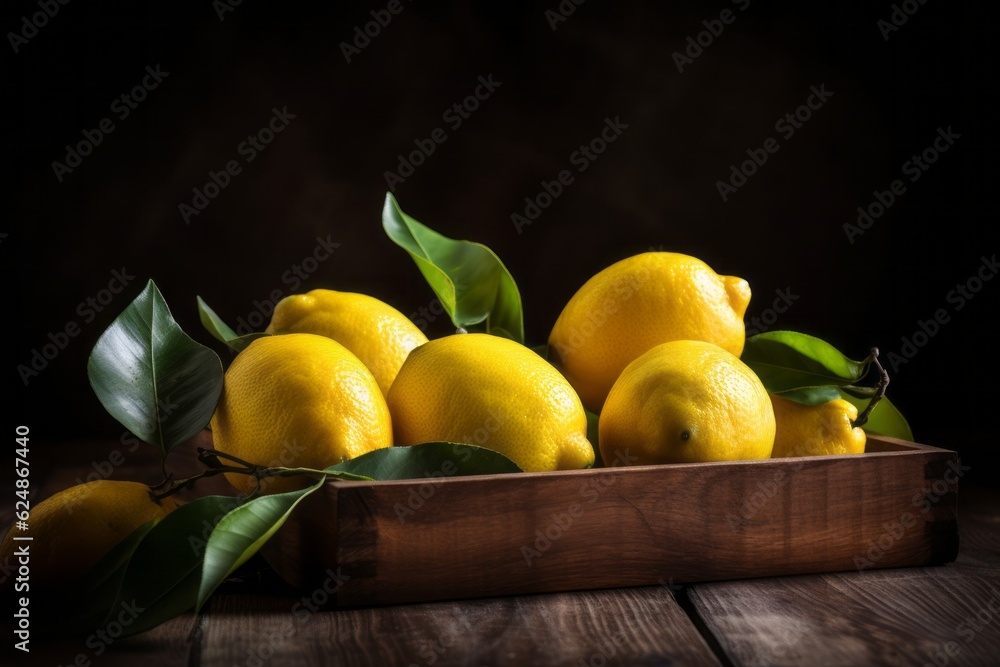 Fresh lemons in a basket on a wooden background. Generative AI