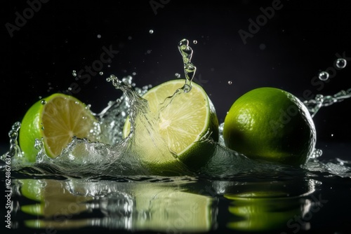 Lime splash in water on a black background. Generative AI