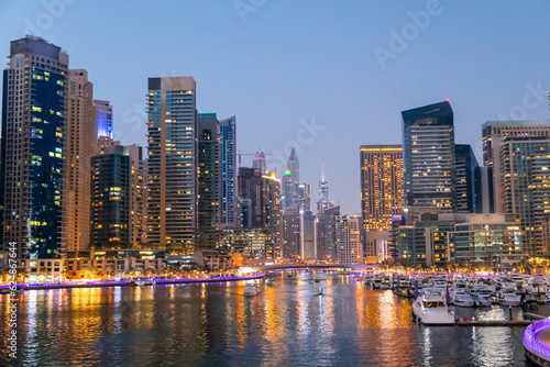 Dubai Marina bay with residential neighborhood at night © Collab Media