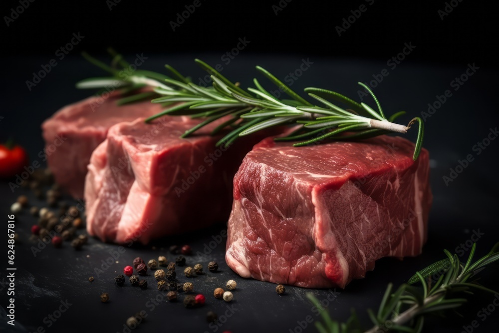 Pieces of fresh beef with rosemary on a black background. Generative AI