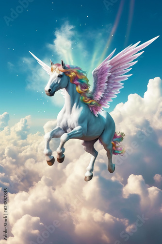 Image of unicorn with wings flying in the sky with clouds in the background. Generative AI.