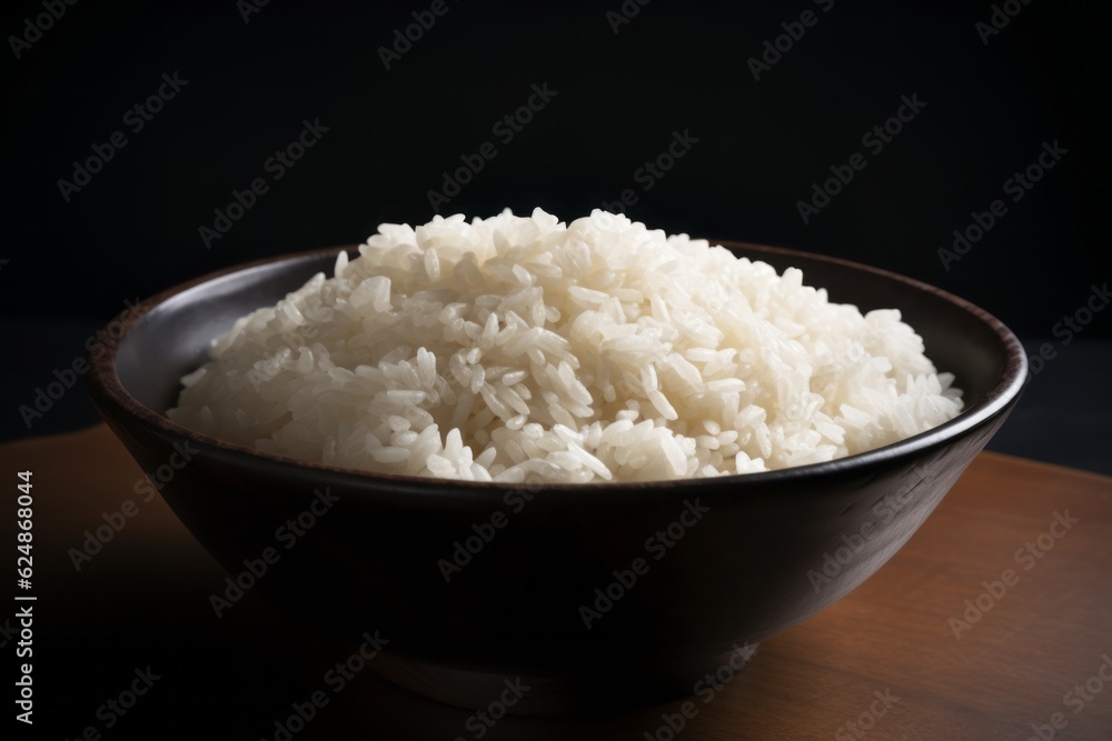 Bowl of rice on black background. Generative AI Bowl of rice on black background. Generative AI