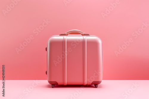 Pink suitcase sitting on top of pink floor next to pink wall. Generative AI.