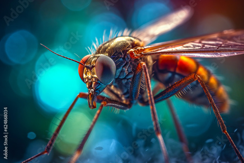 Close up of fly insect on blue and green blurry background. Generative AI. © valentyn640