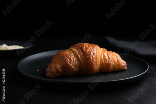 Ruddy croissant on a black plate on a black background. Generative AI