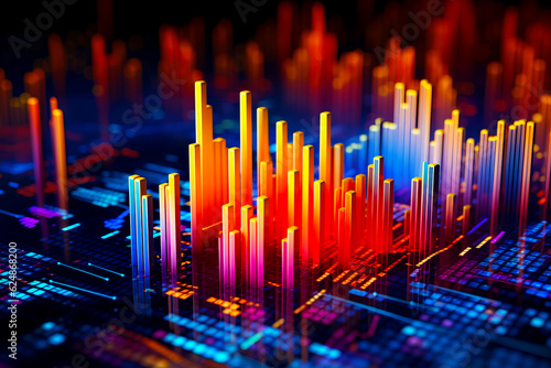 Close up of colorful bar chart on computer screen with black background. Generative AI.