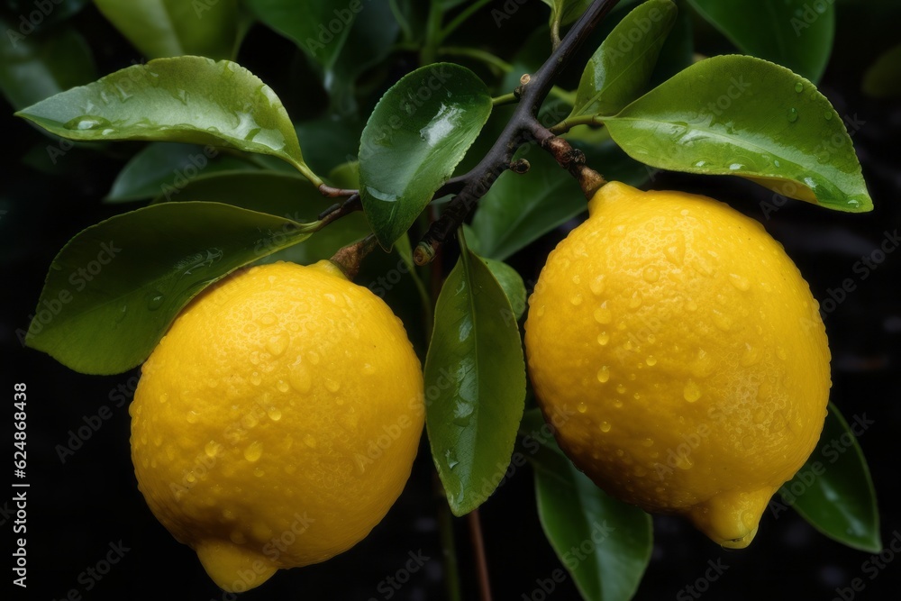 Two ripe yellow lemons with water drops on a branch. Generative AI
