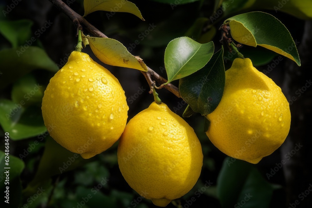 Three ripe yellow lemons on a branch. Generative AI