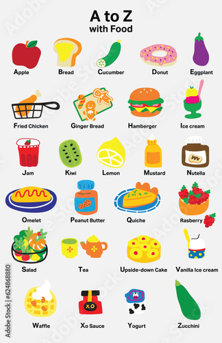 Alphabet with cute food illustrations