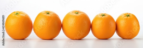 Five Oranges Lined Up In A Row On A White Background. Fruit,Organic,Arrangement,Photography,White Background,Oranges. Generative AI