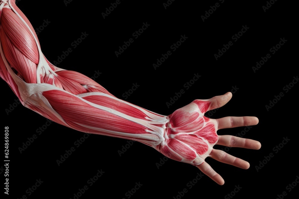 A Human Hand With Muscles Highlighted On A Black Background. Anatomy Of The Hand, Structure And Function Of Muscles, Diseases Associated With Hand Muscles. Generative AI