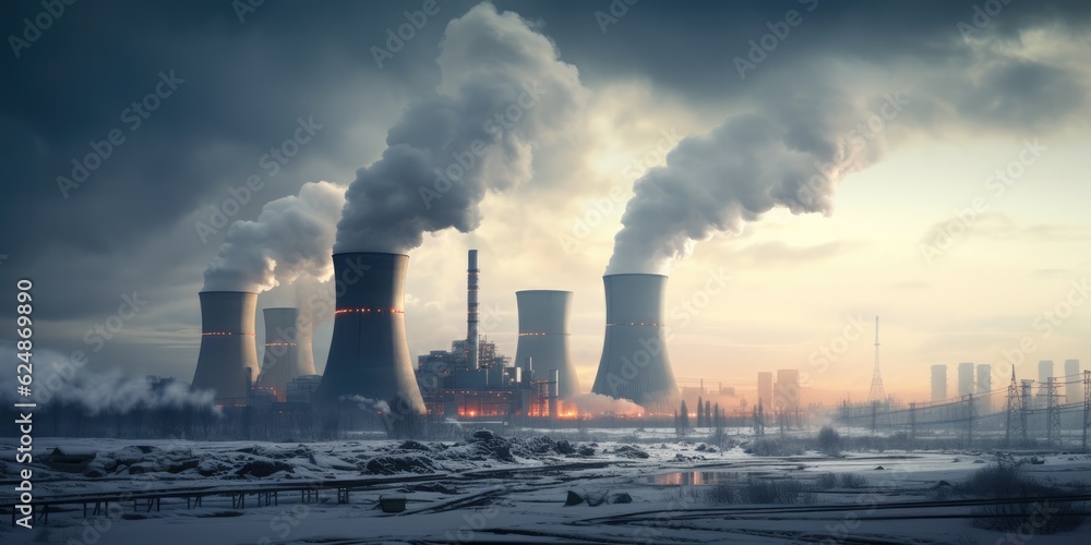 A Nuclear Power With Smoke Coming Out Of It's Stacks. Environmental Impact, Factory Automation, Safety Regulations, Pollution Control, Factory Maintenance, Efficiency Improvements. Generative AI