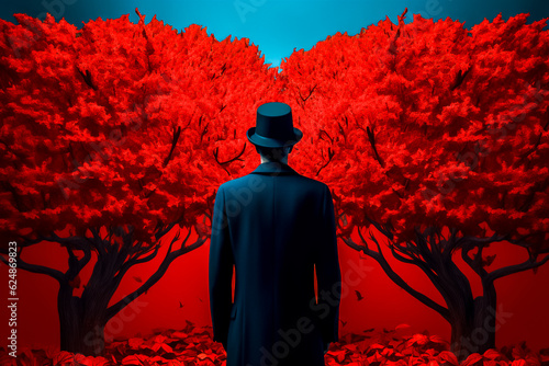 Homme en redingote avec chapeau regardant des feuilles rouges dans une nature rouge - Illustration surréaliste sur le réchauffement climatique - Générative IA photo