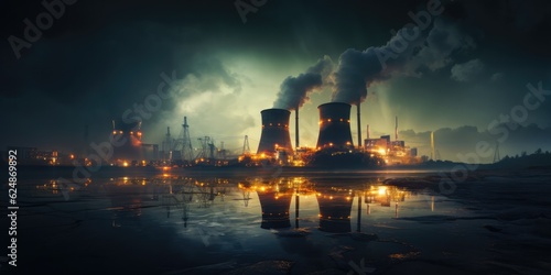A Nuclear Power With A Lot Of Smoke Coming Out Of It. Air Pollution, Climate Change, Factory Emissions, Automation, Environmental Regulations, Safety Protocols. Generative AI