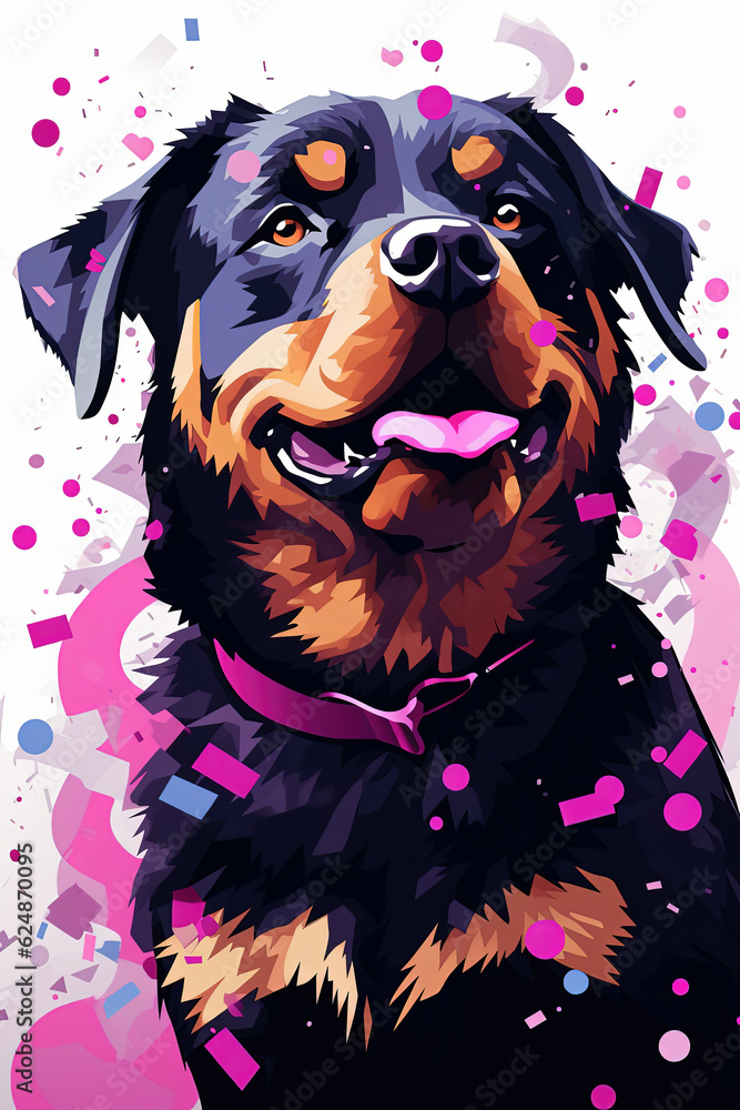 cute cartoon rottweiler with confetti sprinkles, a low poly illustration, adorable character, mascot, concept, digital art