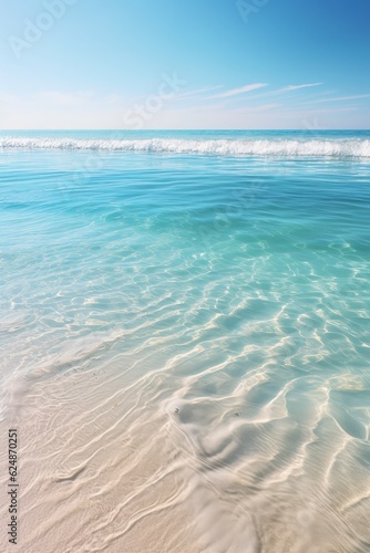 Des vagues océaniques d'un bleu doux se déroulent gracieusement sur une plage de sable fin, créant une scène apaisante et harmonieuse IA générative