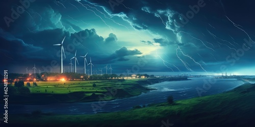 A Painting Of A Lightning Storm Over A City. Light Color In Lighting Storms, The Impact Of Storms On Cities, Storm Warnings Safety Tips, Paintings Of Lightning Storms. Generative AI