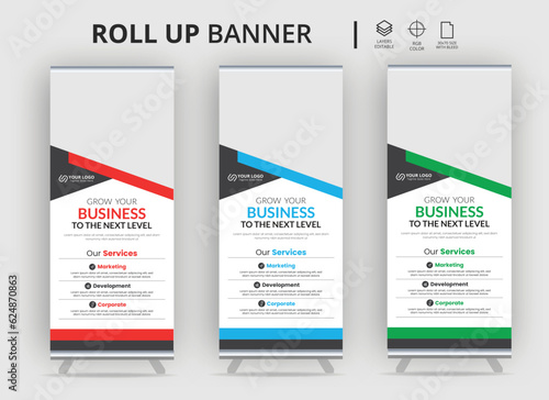 Corporate roll-up banner for your business,Business roll up banner design for business events, annual meetings, presentations, marketing, promotions, with red, blue, green, orange, and purple print re