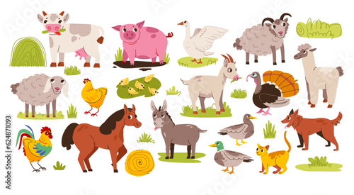 Fototapeta Naklejka Na Ścianę i Meble -  Cute farm animals set. A variety of funny farm animals in a cartoon flat style. Hand drawn colored trendy Vector illustrations. 
