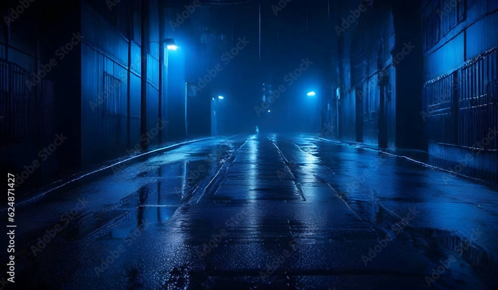 Dark street, wet asphalt abstract dark blue background, empty dark scene, neon light background