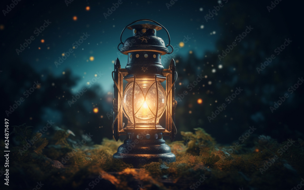 Glowing lantern illuminates dark night with spirituality
