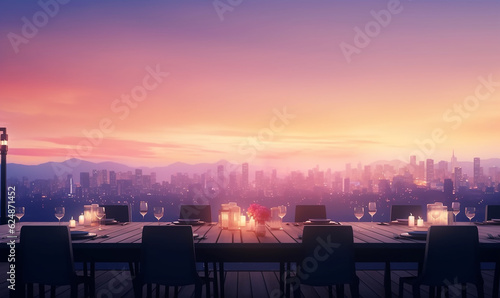 rooftop dinner bar and restaurant of building cityscape landscape, at summer twilight sunrise background, colorful light from rooftop building, city view on rooftop at twilight scene, Generative AI 