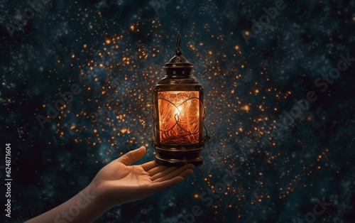 Glowing lantern illuminates dark night with spirituality