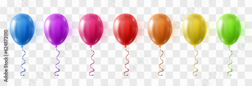 Vector colorful balloons isolated on png background. Realistic festive 3d helium balloons template for anniversary, Birthday party design. Vector illustration on transparent background