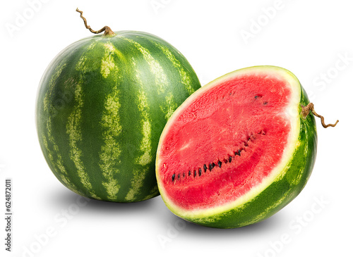 PNG, Half a cut ripe watermelon and a whole striped watermelon. Isolate
