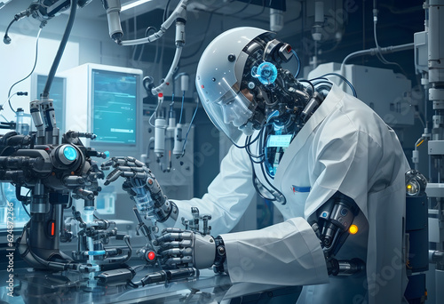 Humanoid robot working in a lab