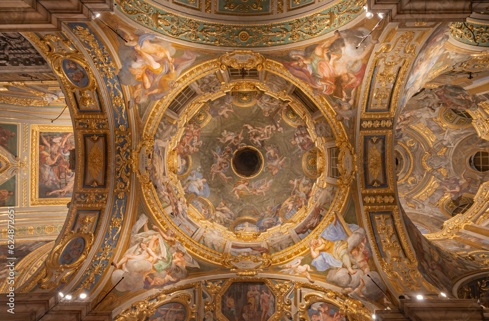 GENOVA, ITALY - MARCH 5, 2023: The side cupola with the fresco of cardinal virtues and prophets and  in the church Chiesa del Gesu by  Bernardo Castello from 17. cent.