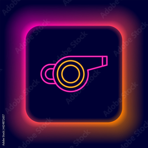 Glowing neon line Whistle icon isolated on black background. Referee symbol. Fitness and sport sign. Colorful outline concept. Vector