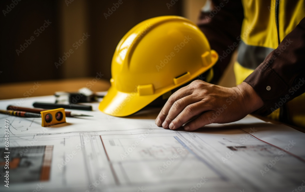 Hand over construction plans with yellow helmet and drawing tool Hand over construction plans with yellow helmet and drawing tool