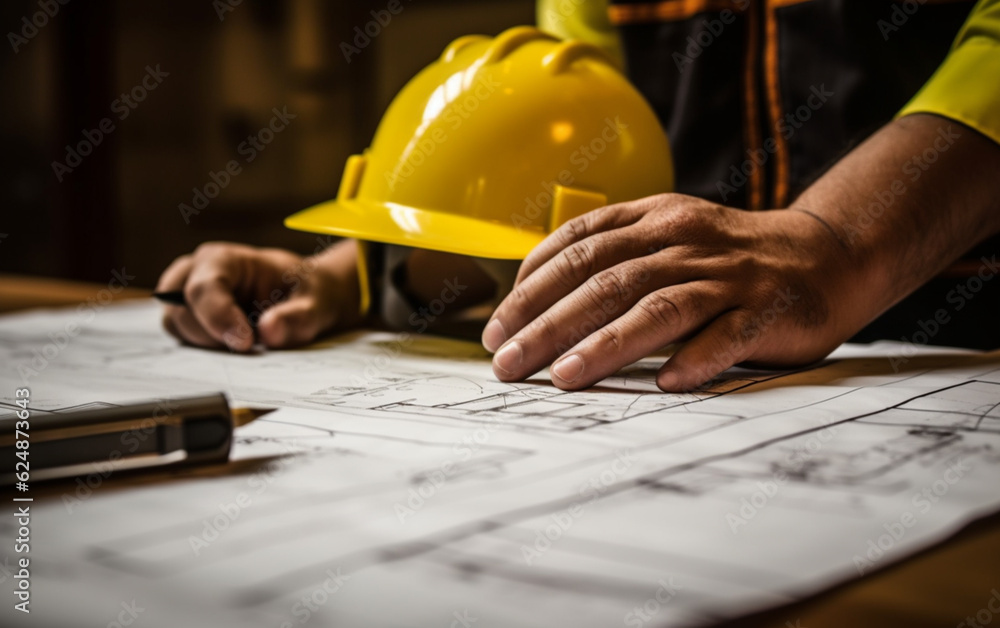 Hand over construction plans with yellow helmet and drawing tool Hand over construction plans with yellow helmet and drawing tool