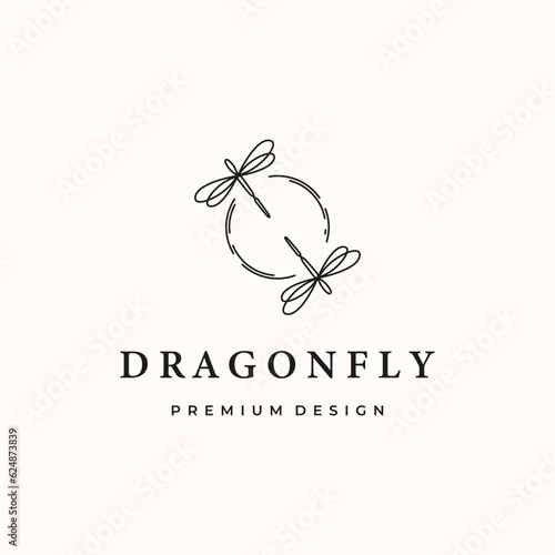 twin dragonfly in the circle life line art logo vector minimalist illustration design, beautiful dragonfly logo design