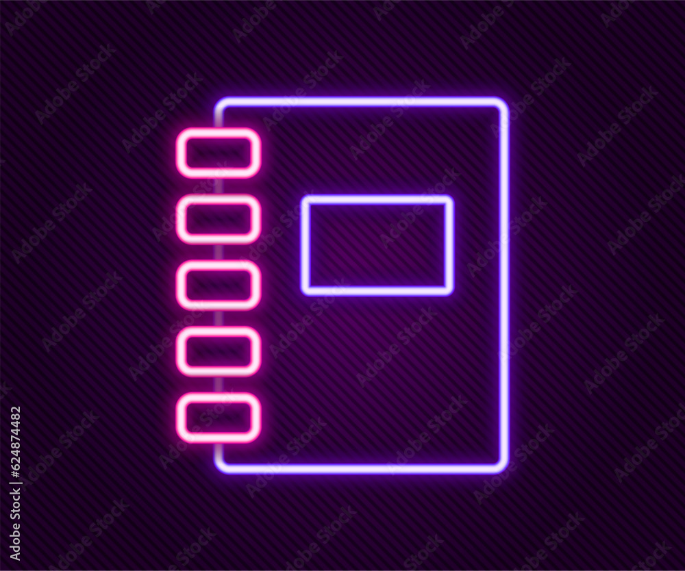 Glowing neon line Notebook icon isolated on black background. Spiral notepad icon. School notebook. Writing pad. Diary for school. Colorful outline concept. Vector Glowing neon line Notebook icon isolated on black background. Spiral notepad icon. School notebook. Writing pad. Diary for school. Colorful outline concept. Vector