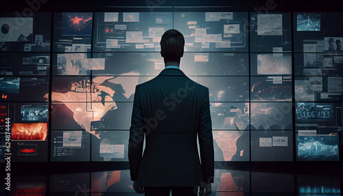 Adult Business Man In A Dark Jacket In An Empty Room In Front Of A Wall With Many News Screens Created Using Artificial Intelligence; Person watching tv Ai generated image 