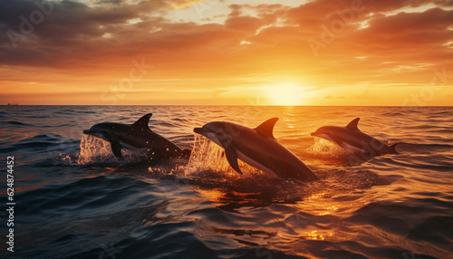 Bottlenose dolphin jumping in ocean at sunset made with Generative AI