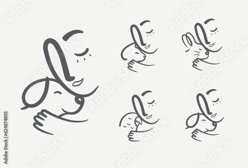 Man lovingly clings to an animal cat, dog, rabbit, parrot compositions drawing on grey background