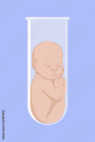 Newborn baby in a test tube. Baby in a glass test tube. Artificial insemination.  Extracorporeal fertilization. Pregnancy planning. In vitro fertilisation. IVF. Vector illustration EPS10