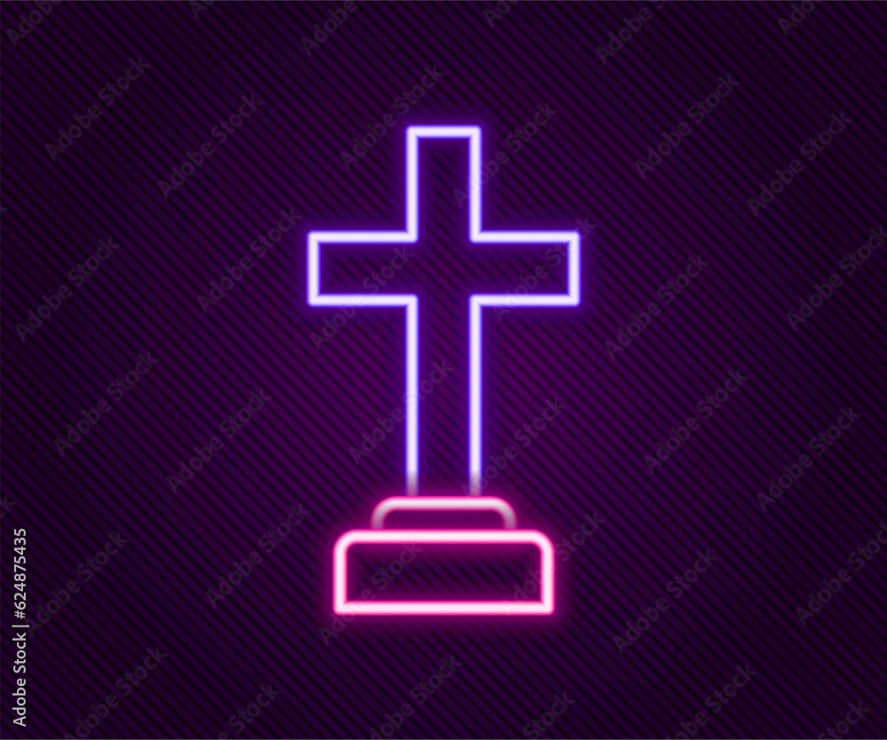 Obraz premium Glowing neon line Man graves funeral sorrow icon isolated on black background. The emotion of grief, sadness, sorrow, death. Colorful outline concept. Vector