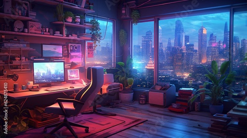  Generative Ai. Interior in neon colors and cozy home office