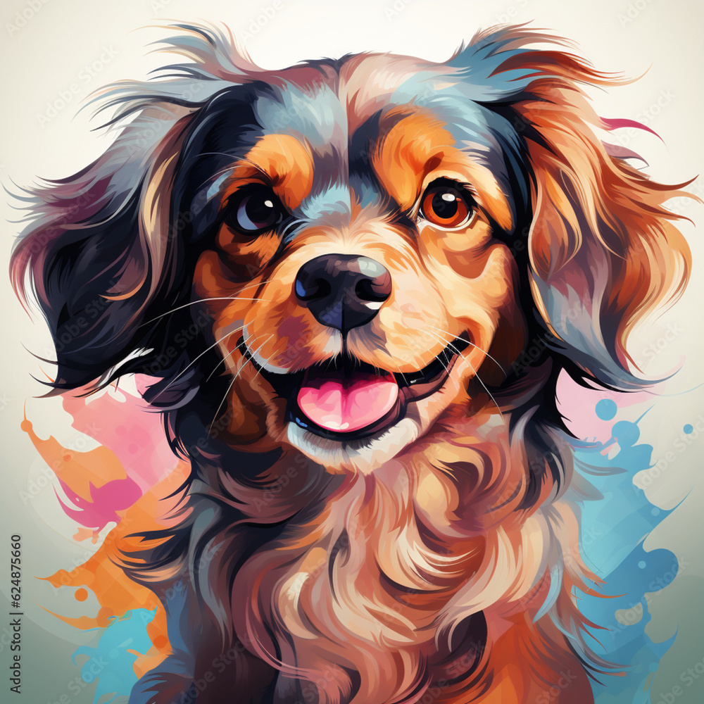 Naklejka premium Adorable dog colorful design, painted with transparent watercolor, cuddly puppy, AI Generated